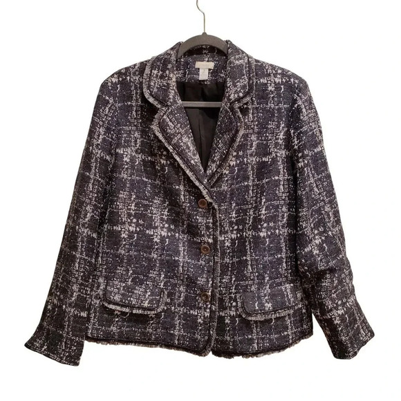 Chicos Y2K Black Blue White Fringed Nubby Textured Tweed Blazer Jacket Size 3 XL - Picture 1 of 12